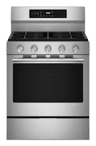 Stainless steel 30-inch freestanding gas range with five control knobs, digital display, convection cooking, part of KitchenAid Ranges and Gas Ranges collections.