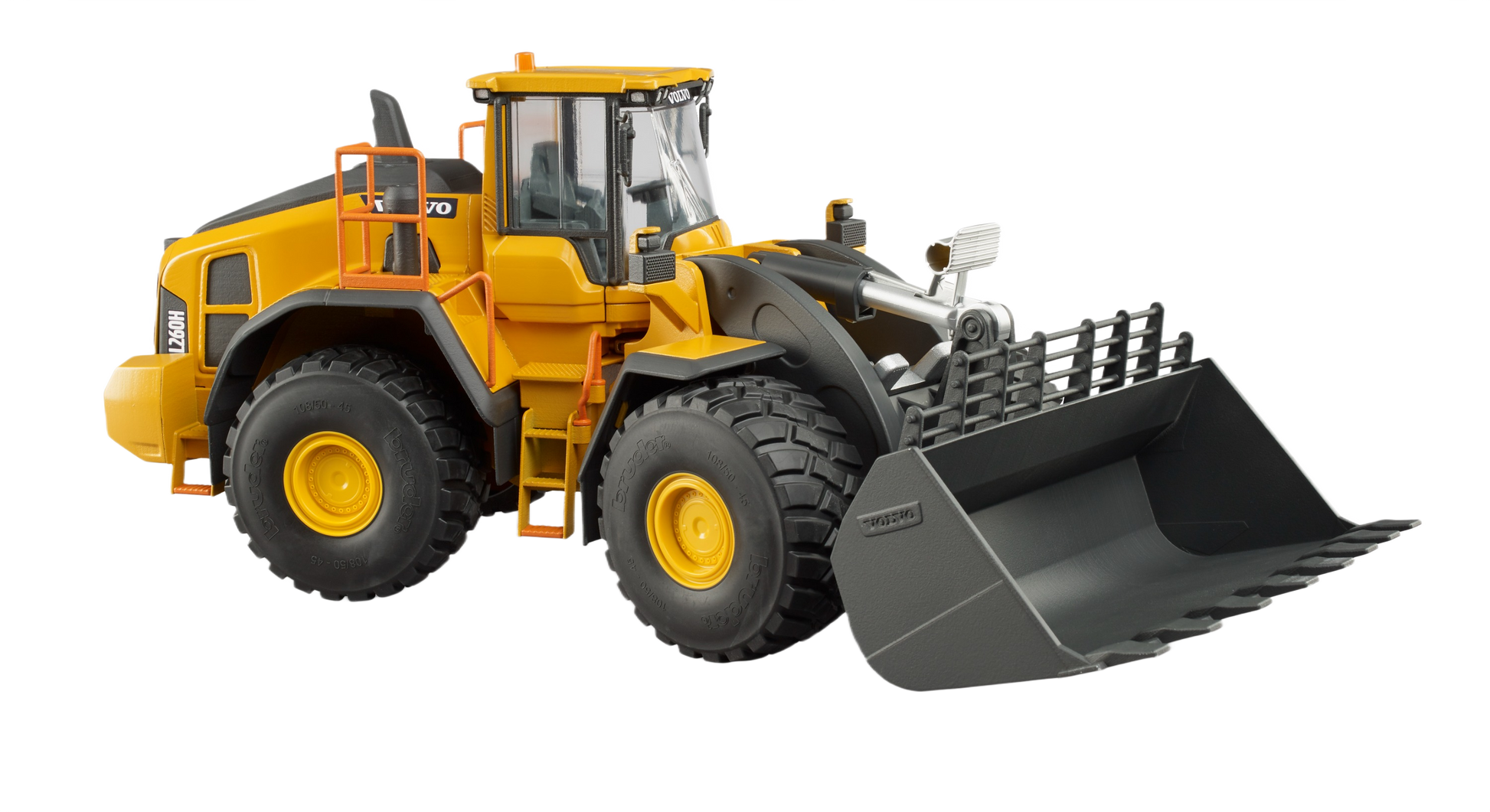 Detailed yellow Bruder wheel loader toy with movable bucket and large black tires for construction play