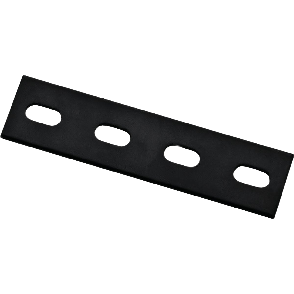 Black powder-coated heavy-duty mending plate with oval mounting holes for building hardware and lumber reinforcement tasks