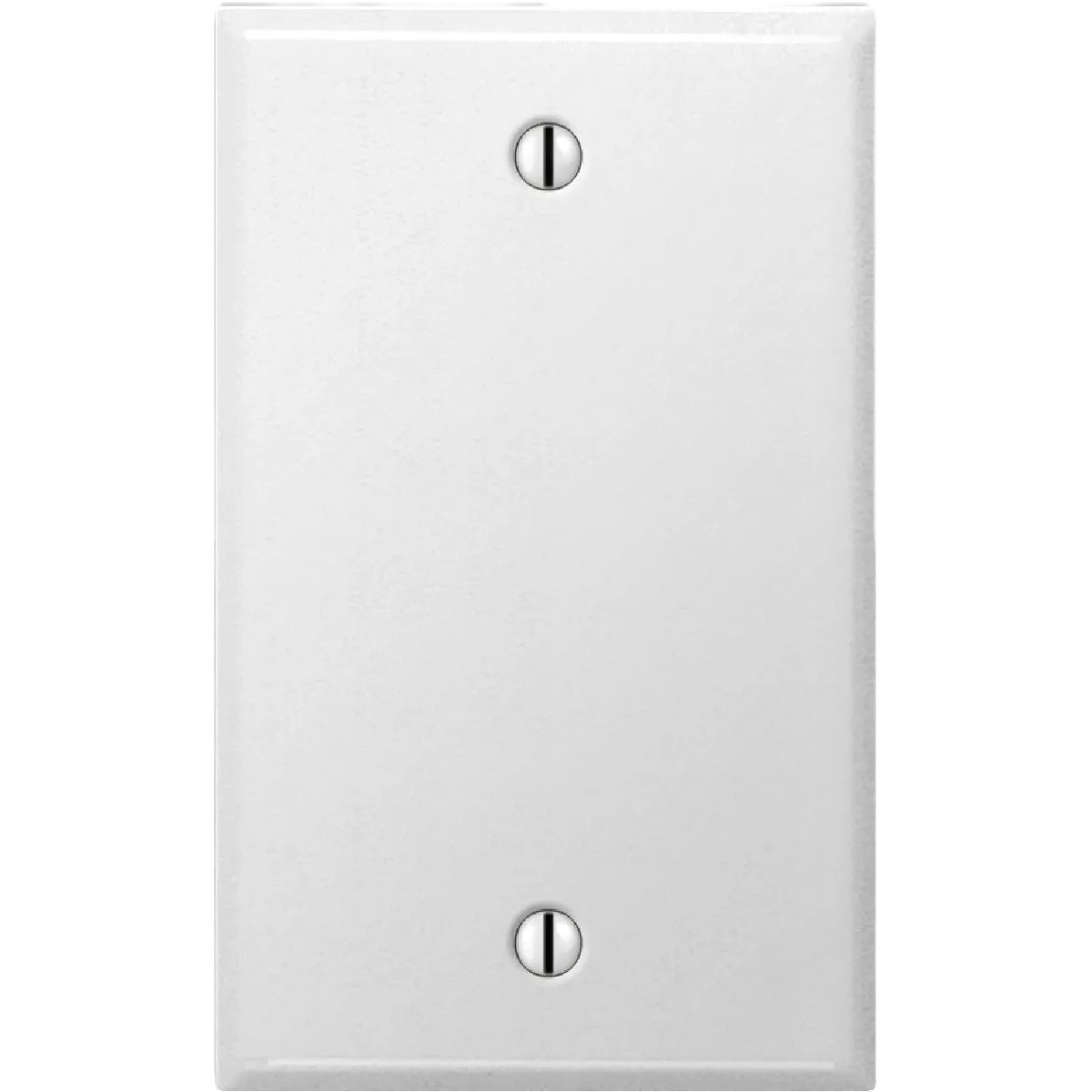 Smooth white stamped steel wall plate blank designed for one gang electrical outlet in home improvement projects