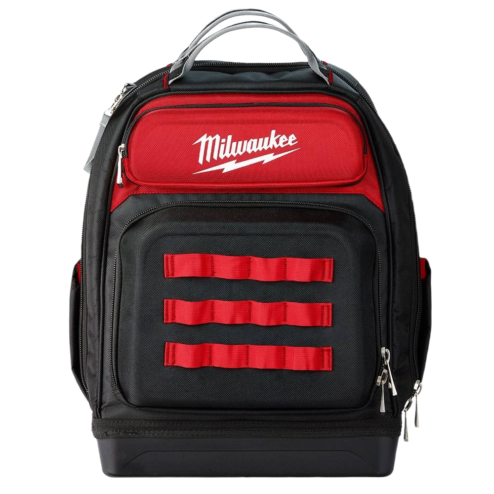 Heavy-duty black and red backpack with multiple compartments designed for tools and home improvement use