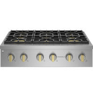 Professional stainless steel gas rangetop with six burners and control knobs from Cooktops and Kitchen & Kitchenware collections