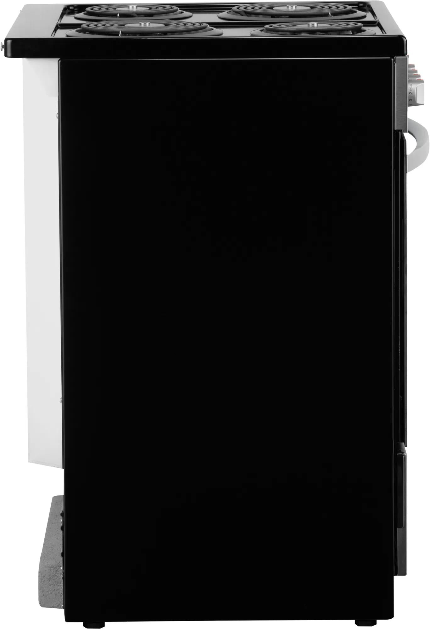 Side view of a compact black freestanding electric range with coil burners from Ranges & Cooktops collection