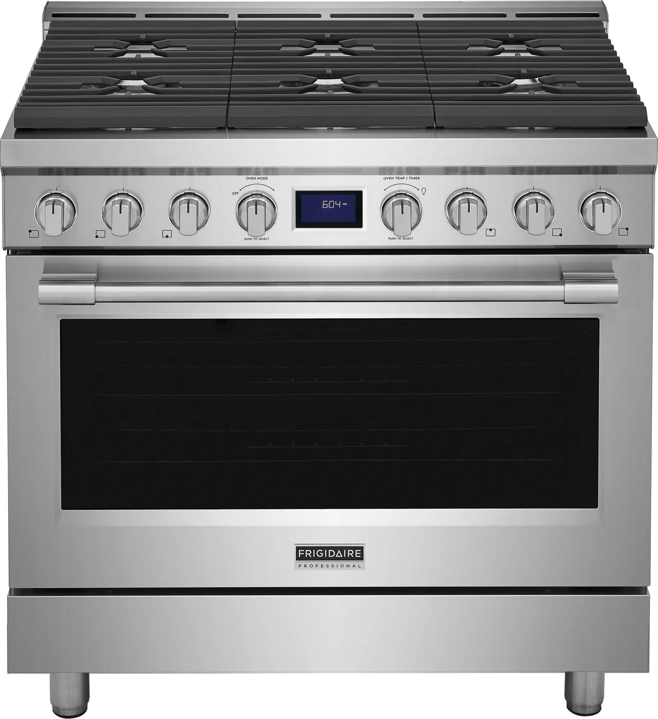 stainless steel six-burner freestanding gas range with front controls and digital display for home improvement tools