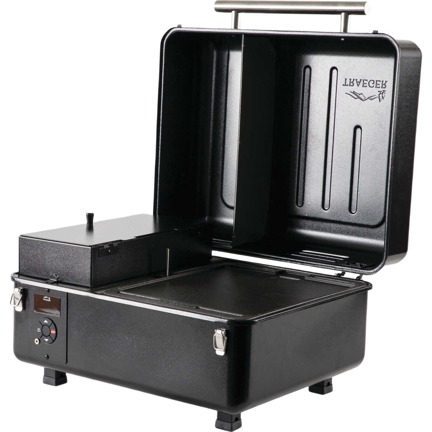 Black portable pellet grill with digital controls and stainless steel handle for outdoor grilling and camping use