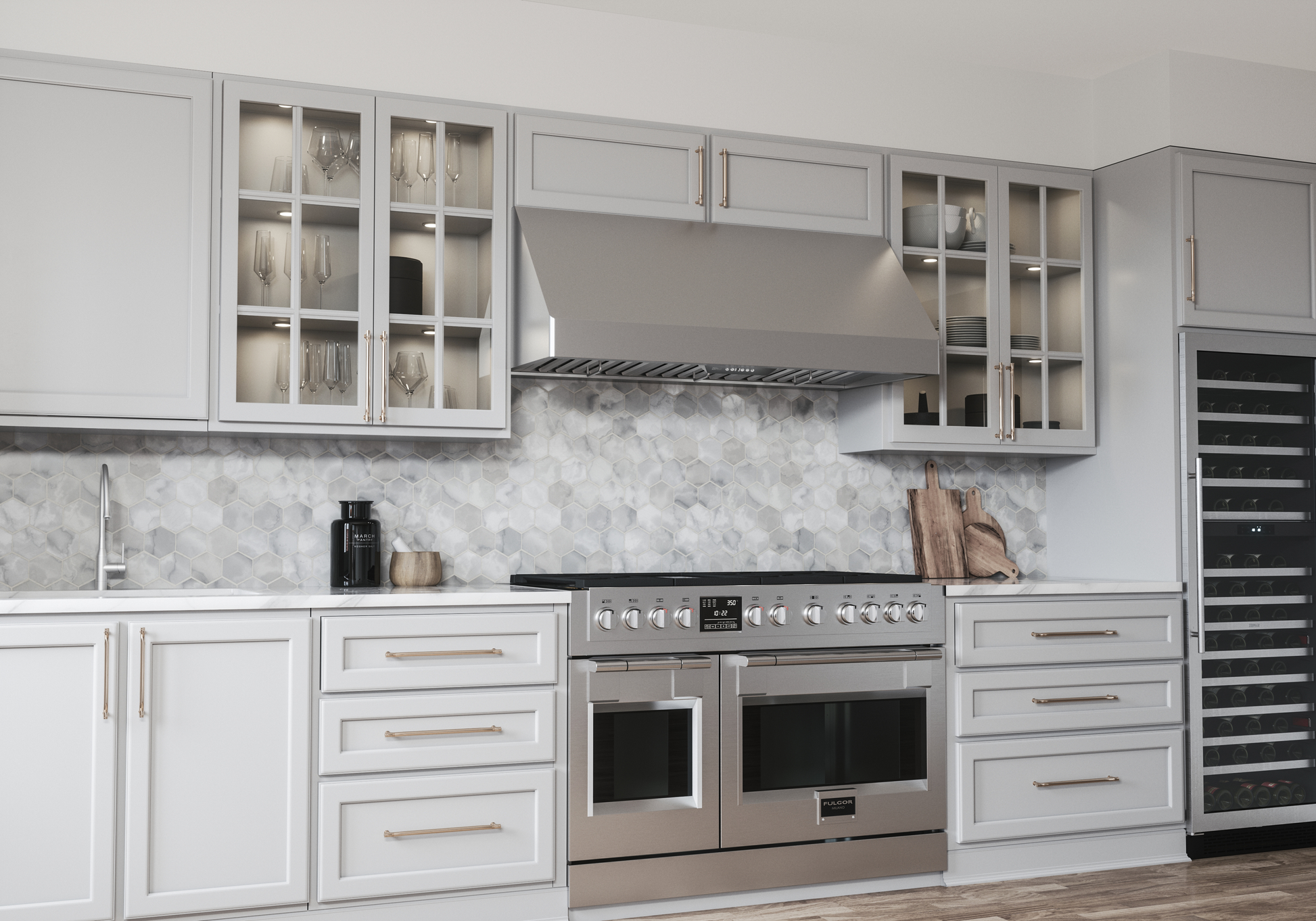 Contemporary kitchen showcasing a stainless steel wall-mounted range hood with LED lighting above a stainless steel double oven range, surrounded by light gray cabinetry with glass-front upper cabinets, part of Wall Mounted Range Hoods, Range Hoods, Kitchen & Kitchenware, All Products, and Appliances collections.