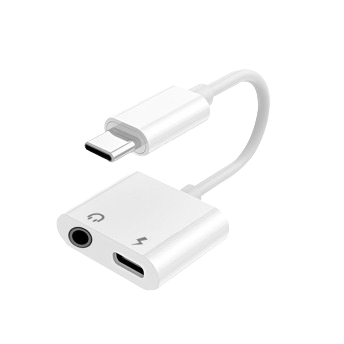 White USB-C adapter with separate headphone jack and charging port for simultaneous audio and power connection