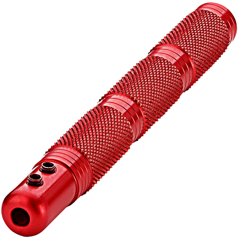 Red textured metal handle with secure grip and attachment points for modular tool system in home improvement tasks