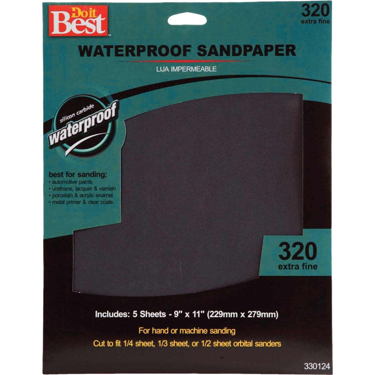 Package of waterproof 320-grit extra fine sandpaper sheets for sanding in home improvement and repair projects