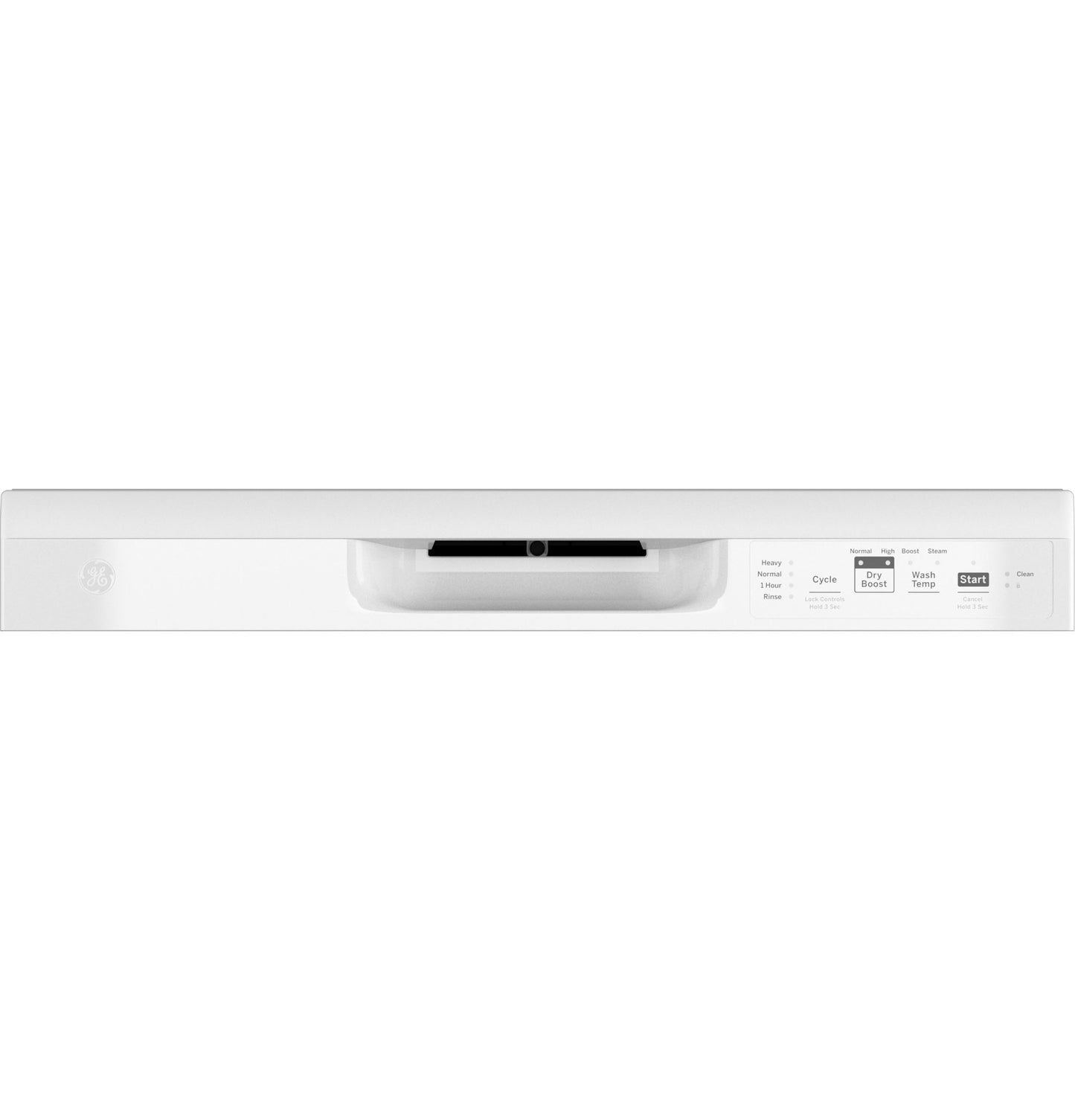 White front control panel of dishwasher from kitchen appliances collection with electronic buttons and display