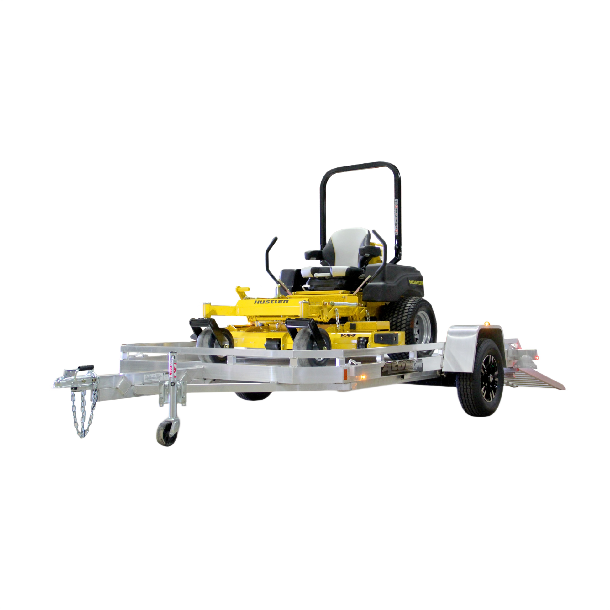 Aluminum utility trailer with pull-out ramp carrying a yellow zero-turn lawn mower for home and garden tasks