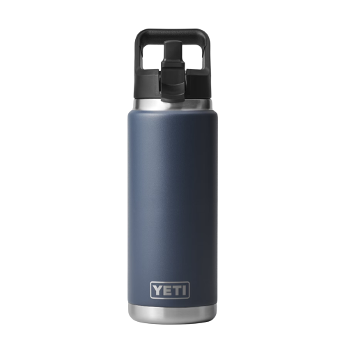 Navy stainless steel insulated 26 oz. bottle with black straw cap and sturdy handle from drinkware and kitchenware collections