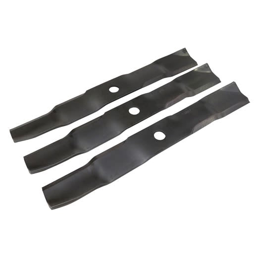 Set of three black mulching mower blades with central mounting holes for lawn care and home improvement tasks