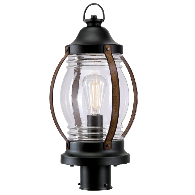 Outdoor post top fixture with black and barnwood finish and clear glass for pathway lighting and outdoor living spaces