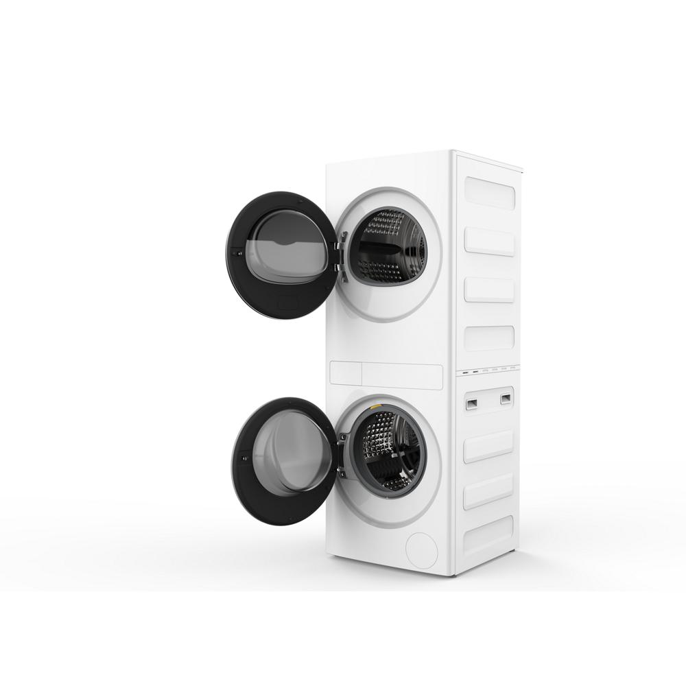 White compact ventless heat pump laundry tower with open front-loading washer and electric dryer doors, part of Washer/Dryer Combos at Hartville Hardware.