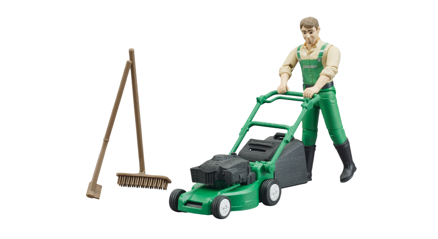 Gardener figure in green overalls with lawn mower and garden rake toys in Toys & Games and Bruder collections