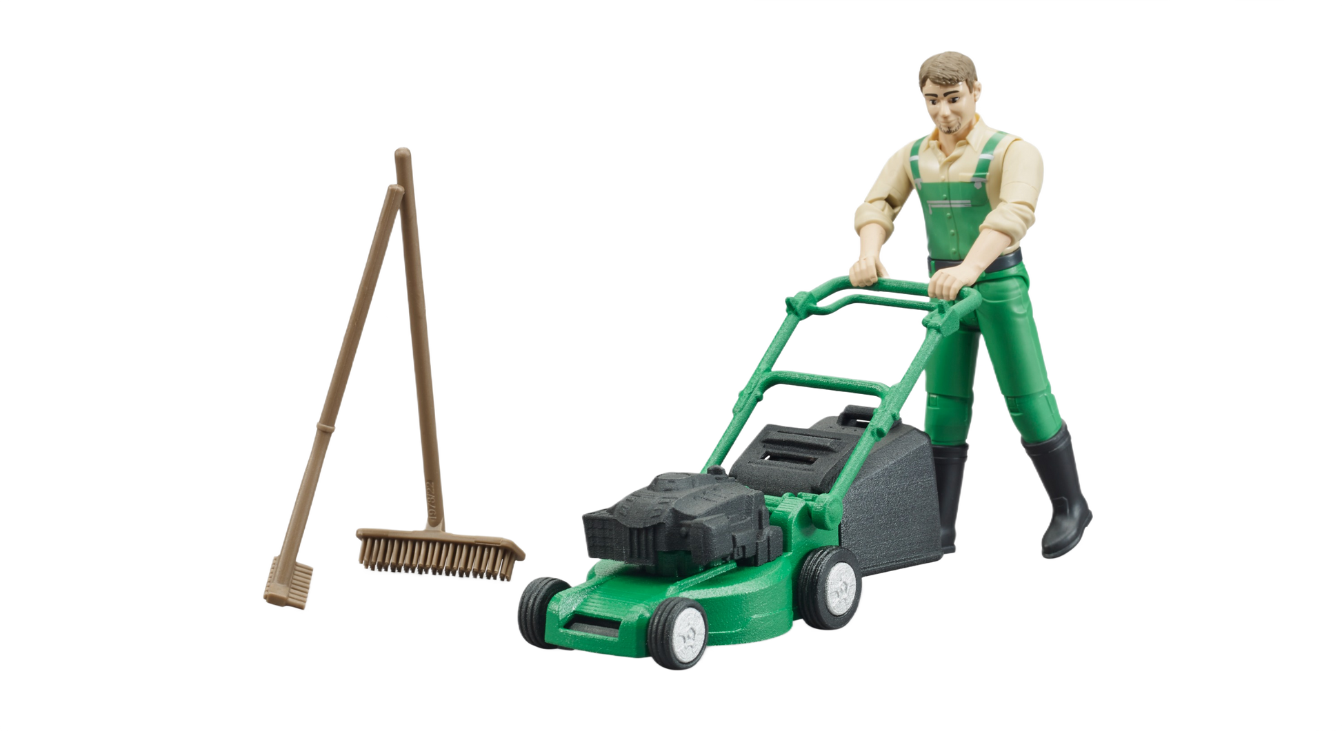 Gardener figure in green overalls with lawn mower and garden rake toys in Toys & Games and Bruder collections