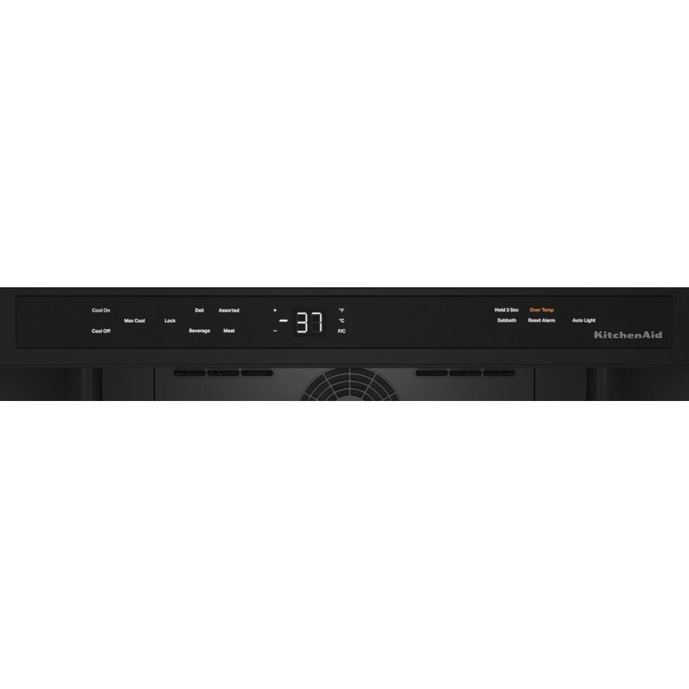 Control panel of undercounter refrigerator with digital temperature display and multiple cooling mode settings in KitchenAid appliances collection