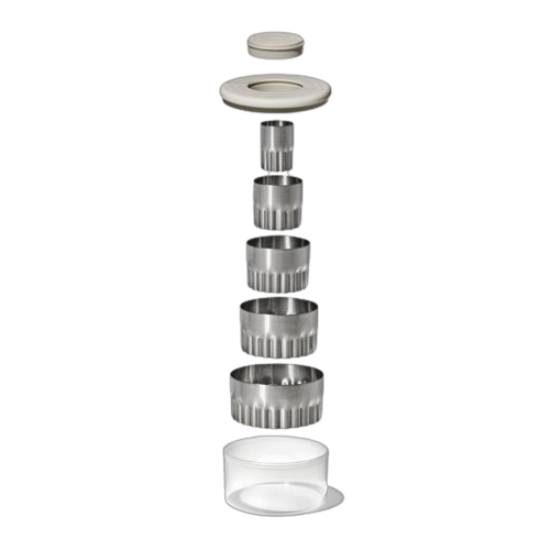 Stacked stainless steel cookie and biscuit cutters with plastic lid and base for baking and home improvement tools