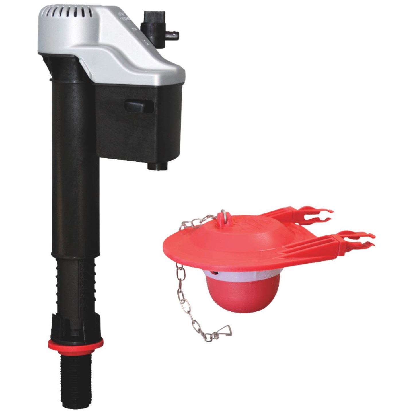 Black and silver fill valve with red flapper and chain for plumbing and toilet repair parts under $50 collections