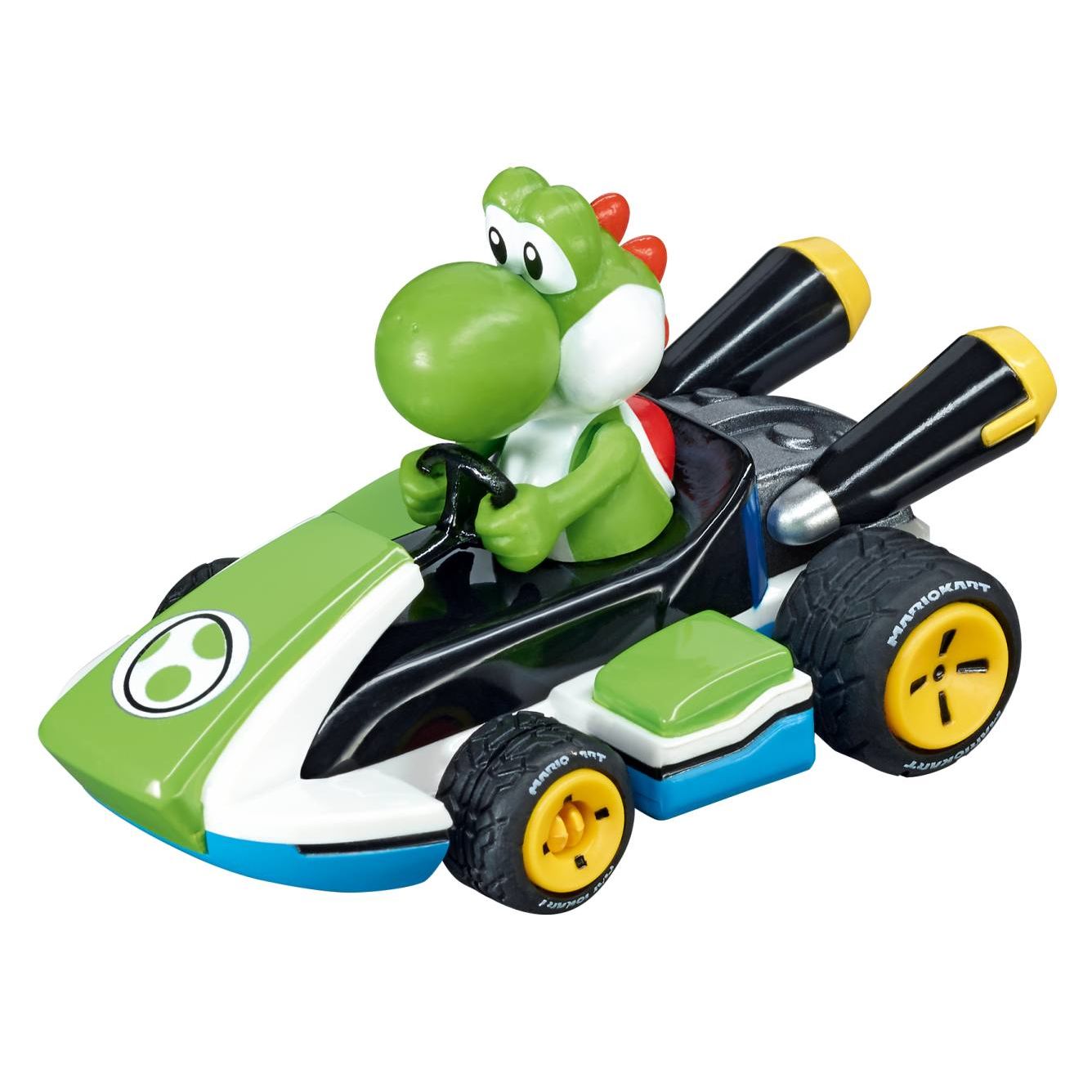 Green and black slot car model with a Yoshi character driving, featuring yellow wheels and rear thrusters for racing play