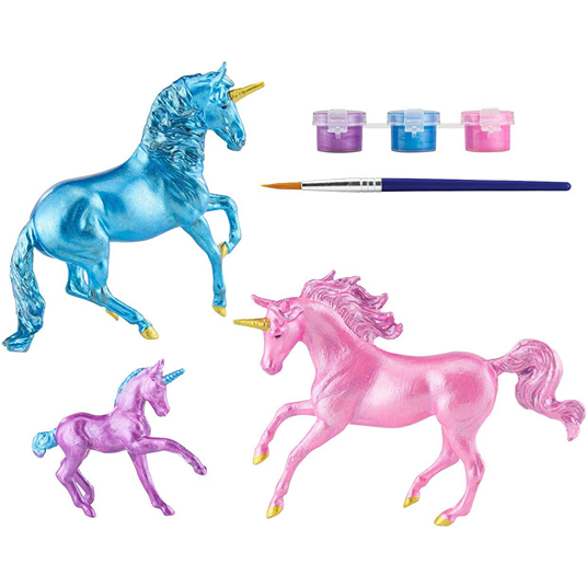 Set of three colorful unicorn figurines with paint pots and a small paintbrush for creative play activities