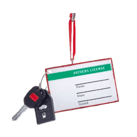 Christmas ornament shaped like a driver's license with attached car key decoration for holiday tree decor