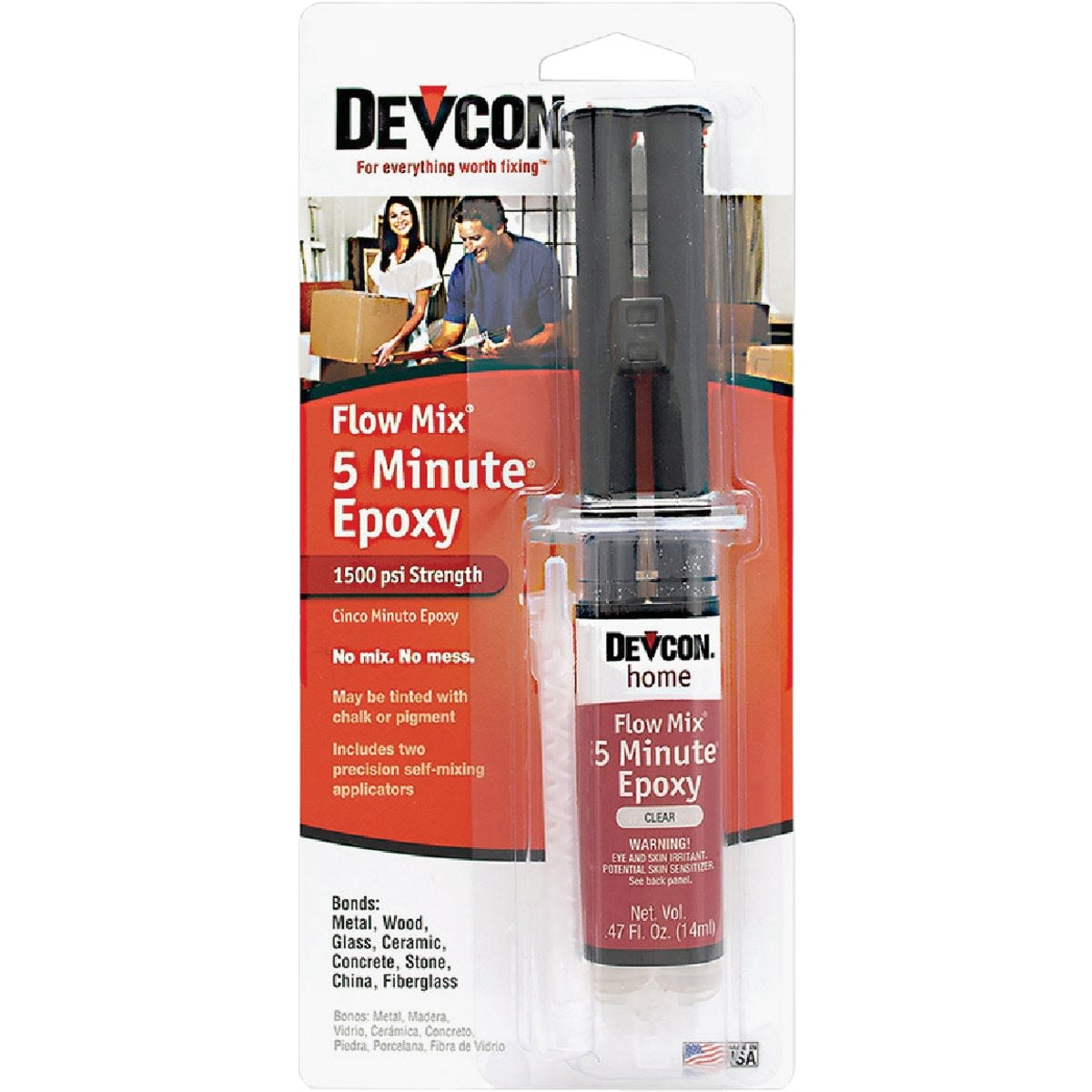 Clear 5-minute epoxy with flow-mix applicators for quick repairs in sealers and epoxy collections for home improvement