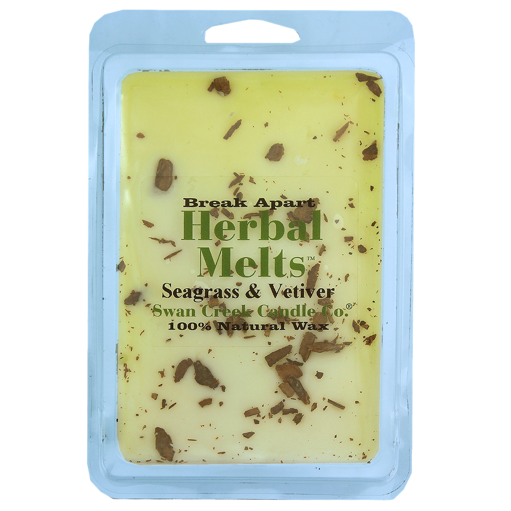 Pack of natural wax herbal melts with seagrass and vetiver scent and decorative brown botanical flakes
