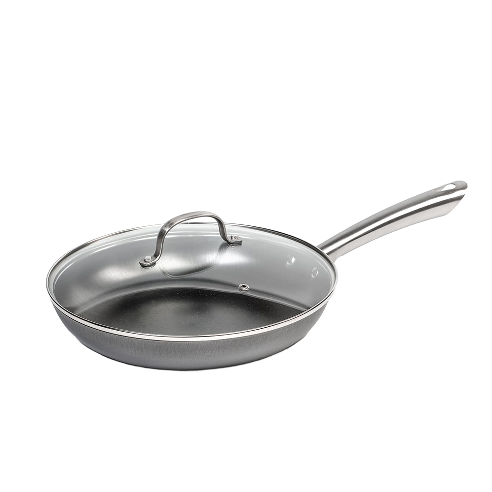 Stainless steel skillet with clear glass lid and ergonomic handle for kitchenware and under $100 collections
