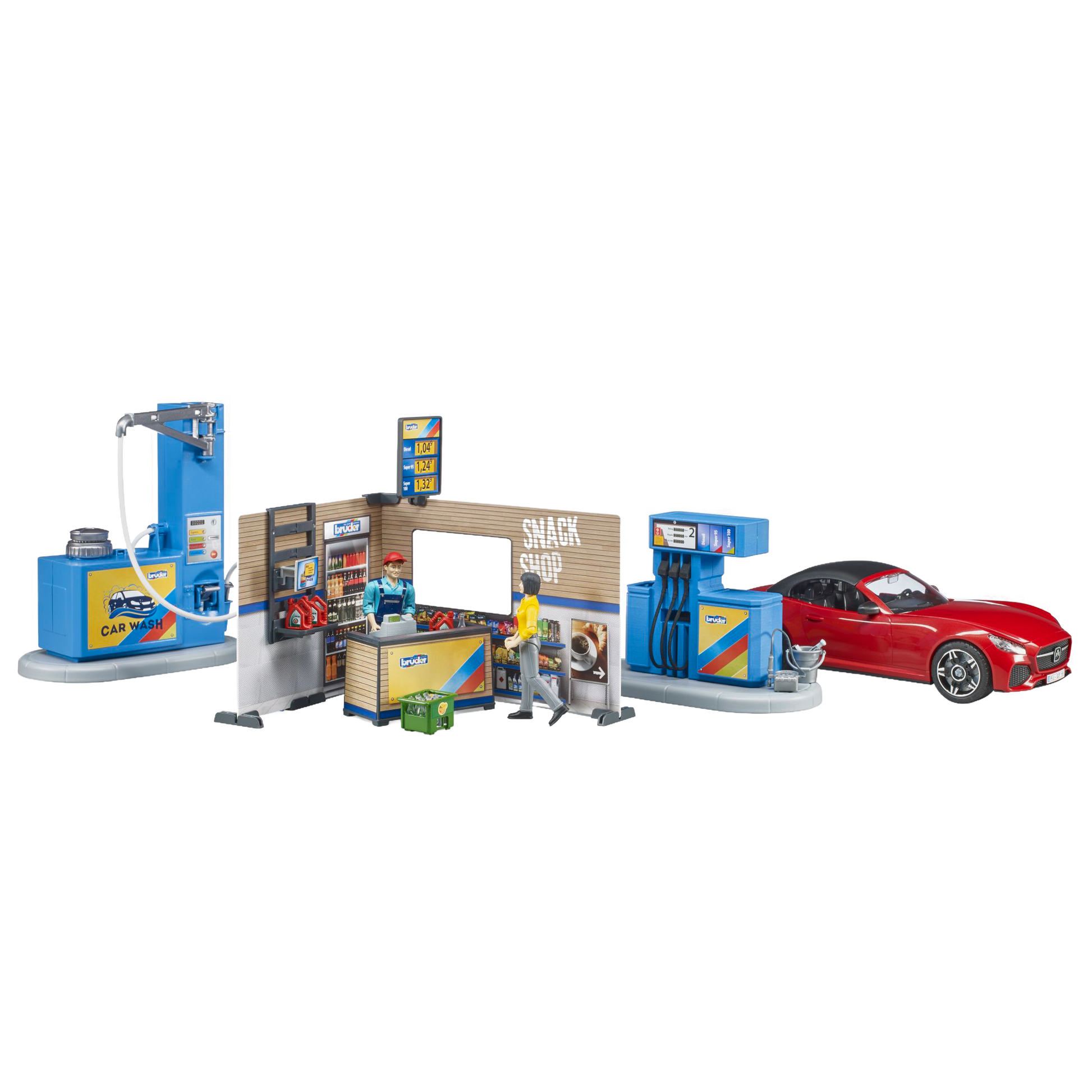 Detailed Bruder gas station toy set with car wash, fuel pump, charging station, and red sports car in toy vehicles collection
