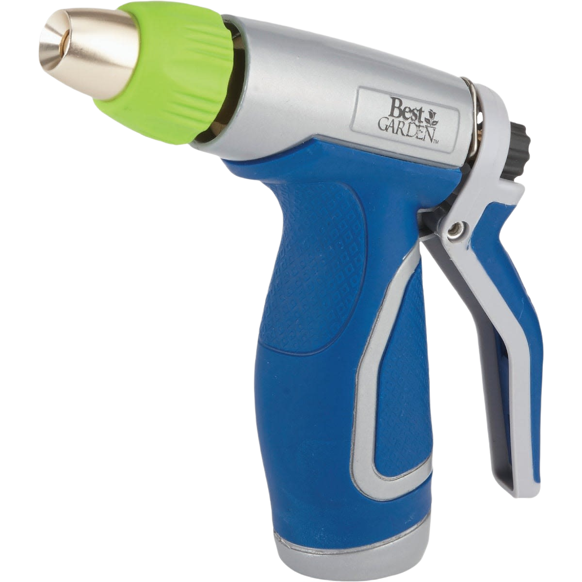 Blue and gray metal garden hose nozzle with green adjustable tip and comfort grip handle for outdoor watering tasks