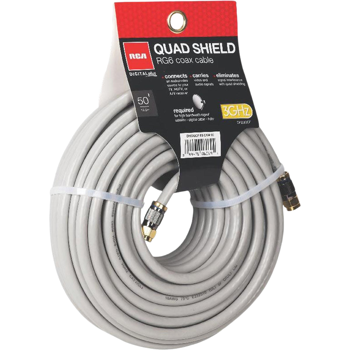 Gray quad shield coaxial cable coil with gold-plated connectors for tools and home improvement use