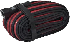 Coiled black and red garden hose secured with a black strap for watering and irrigation tasks in lawn and garden use