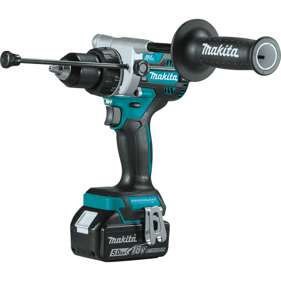 Teal and black brushless cordless drill with side handle and depth rod for home improvement and tool use