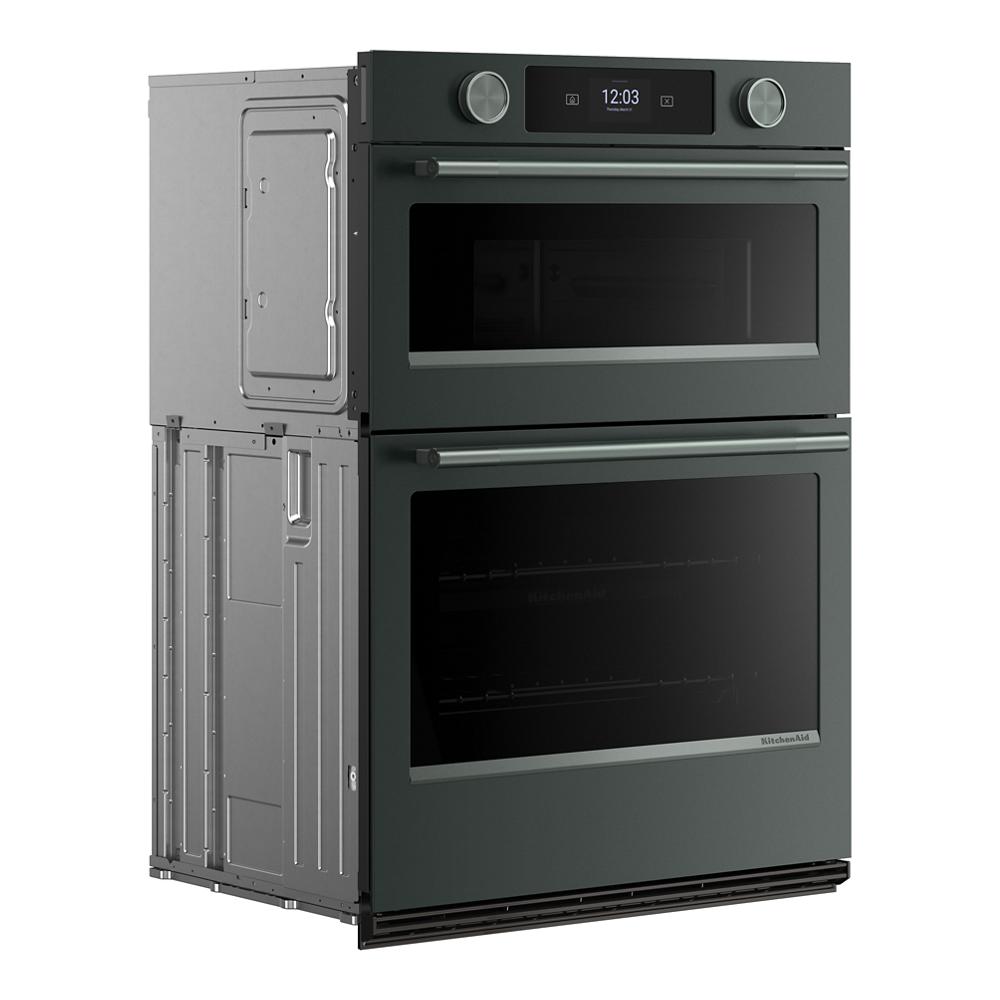 Matte black 30-inch smart electric combo wall oven with LED display and dual cooking compartments from KitchenAid appliances collection