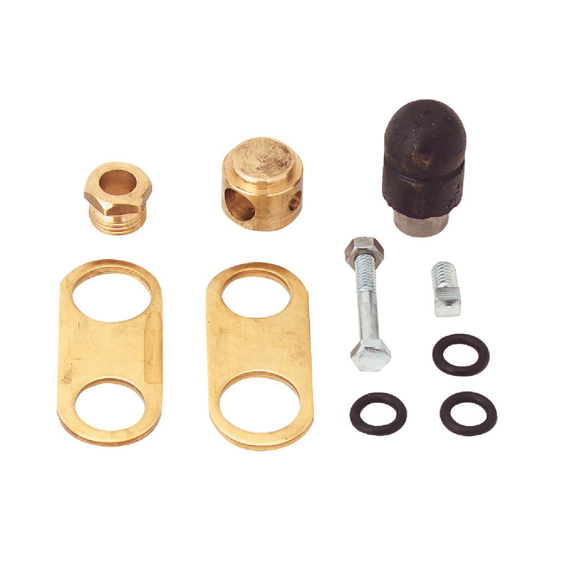 Set of brass and metal replacement parts including washers, bolts, and a rubber cap for plumbing and valve repairs under $100 collections