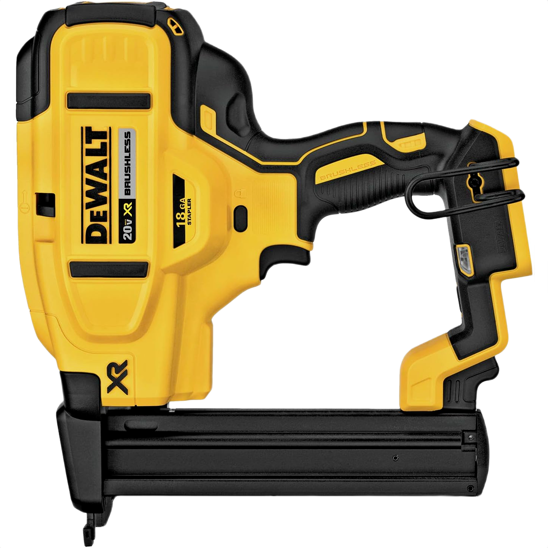 Cordless yellow and black 18 gauge narrow crown stapler with brushless motor for home improvement tasks