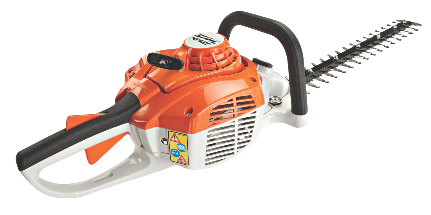 Compact orange and white gas-powered hedge trimmer with ergonomic handle for home improvement landscaping tasks
