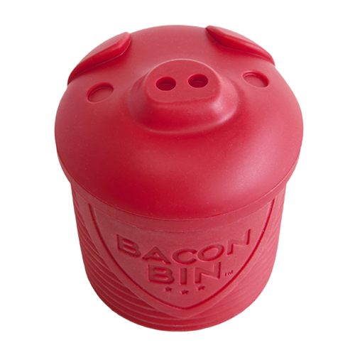 Red silicone container shaped like a pig’s face for safely storing bacon grease in kitchen gadgets collection
