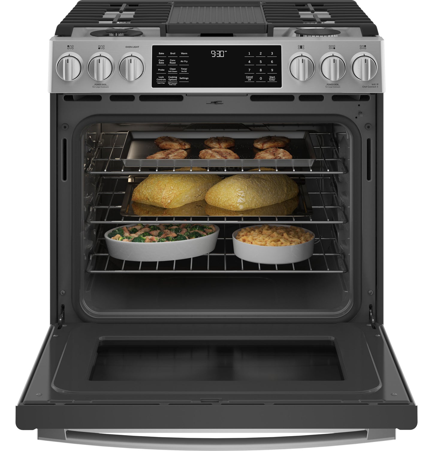 Open front view of smart dual fuel range with food baking inside from ranges and kitchen appliances collection