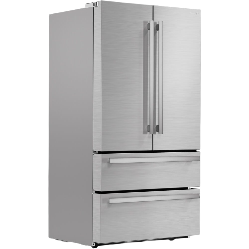 Brushed stainless steel counter-depth French door refrigerator with two lower freezer drawers in appliances collection