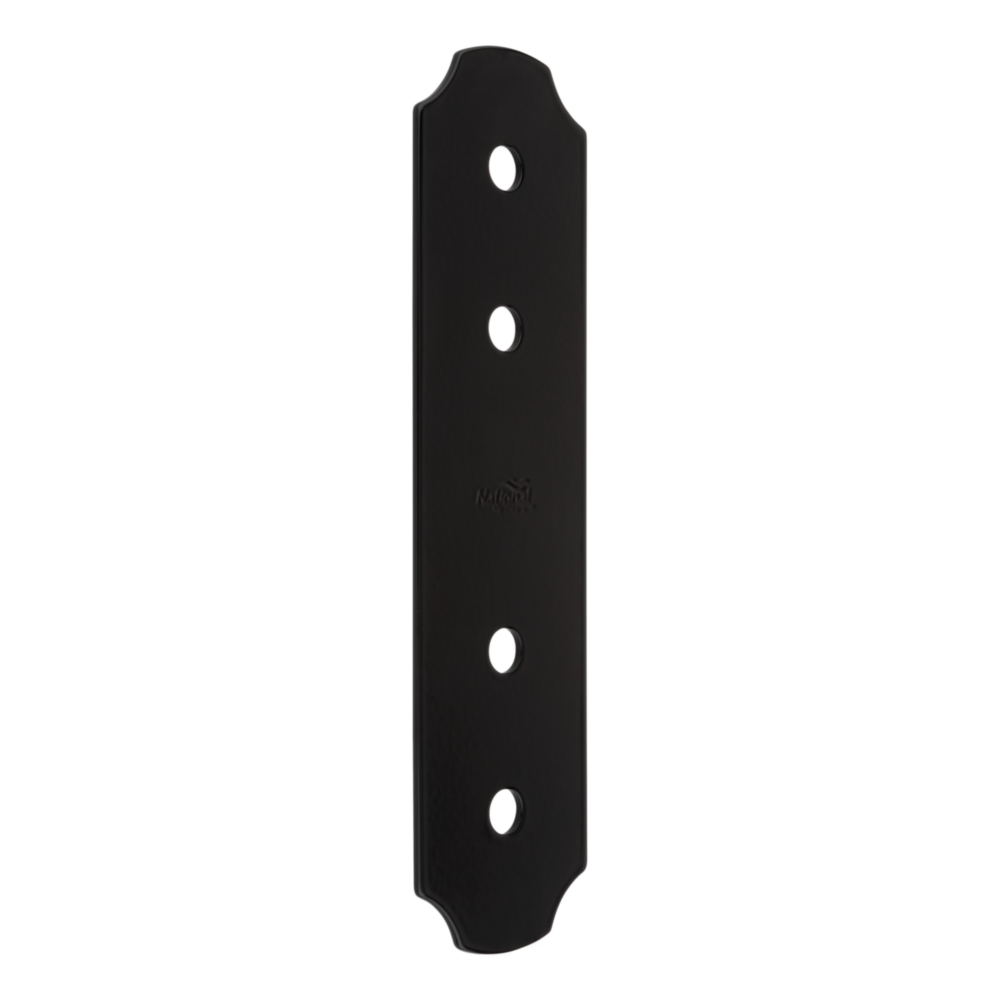 Black flat strap brace with four pre-drilled holes for fastening in building hardware and lumber materials collections