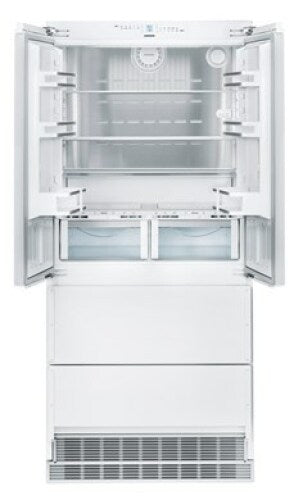 Built-in white French door refrigerator with open compartments and spacious freezer drawers in kitchen appliances collection