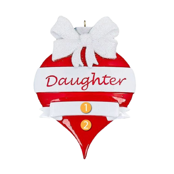 Red and white teardrop ornament with white bow and "Daughter" text for Christmas tree decorations under $50 collection