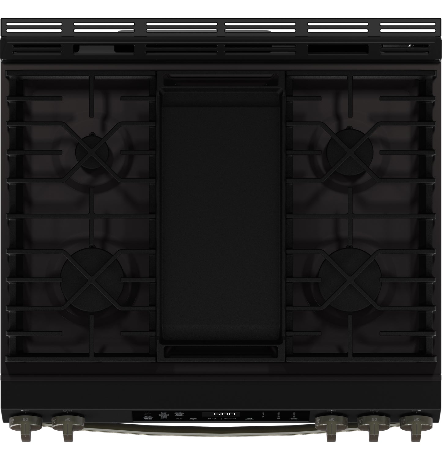 Black slide-in gas range with five burners, central griddle, and front control panel from Gas Ranges and Kitchen & Kitchenware collections