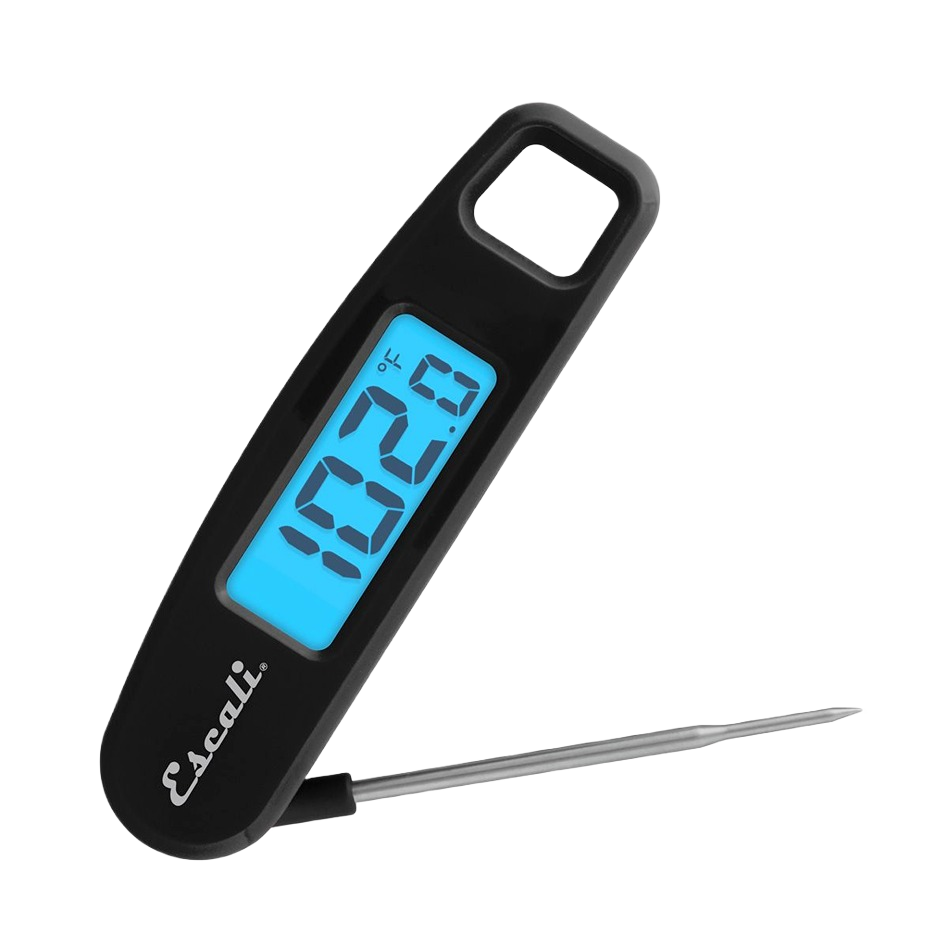 Compact black folding digital thermometer with large blue backlit display for quick kitchen temperature readings