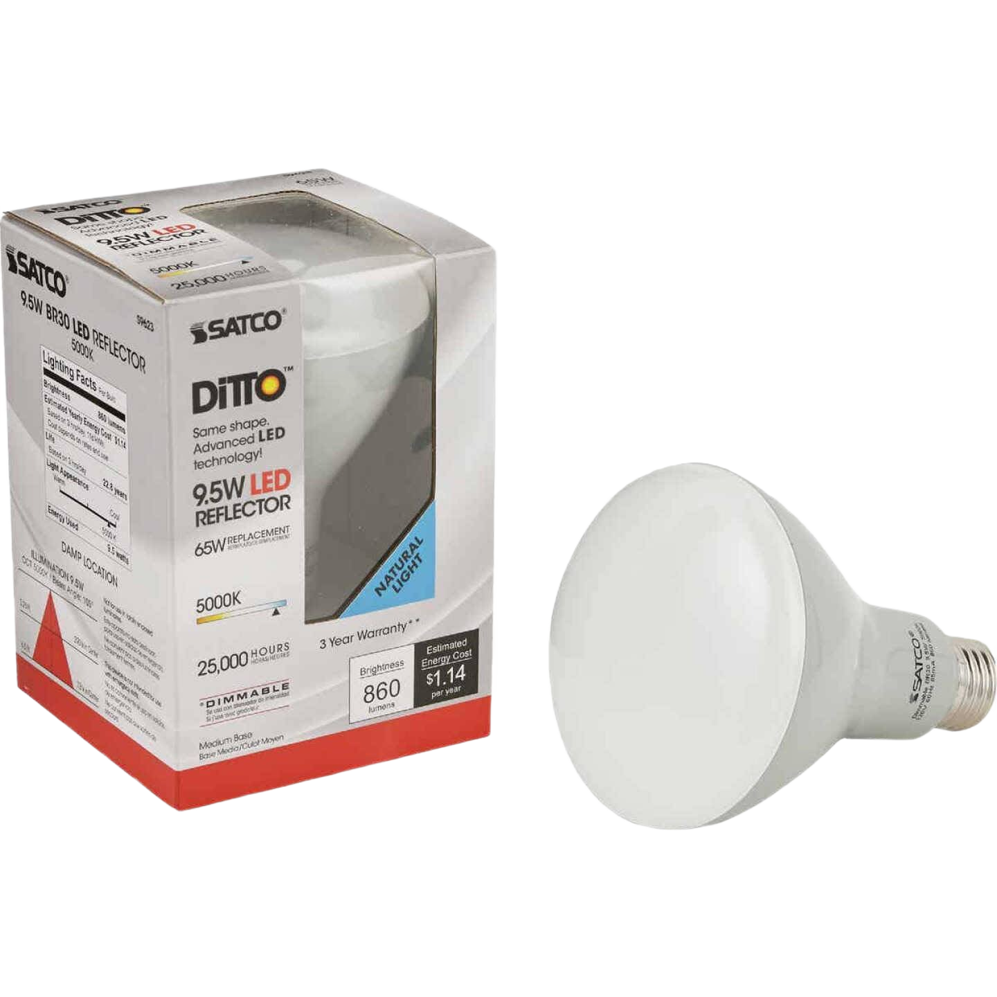 Satco Ditto 9.5 Watt BR30 LED floodlight bulb with natural light for lighting and electrical under $50 collections