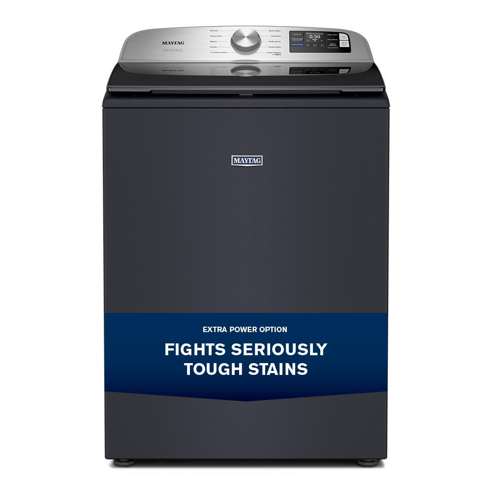 Dark gray top load washer with digital controls and extra power setting, part of washers and appliances collection.