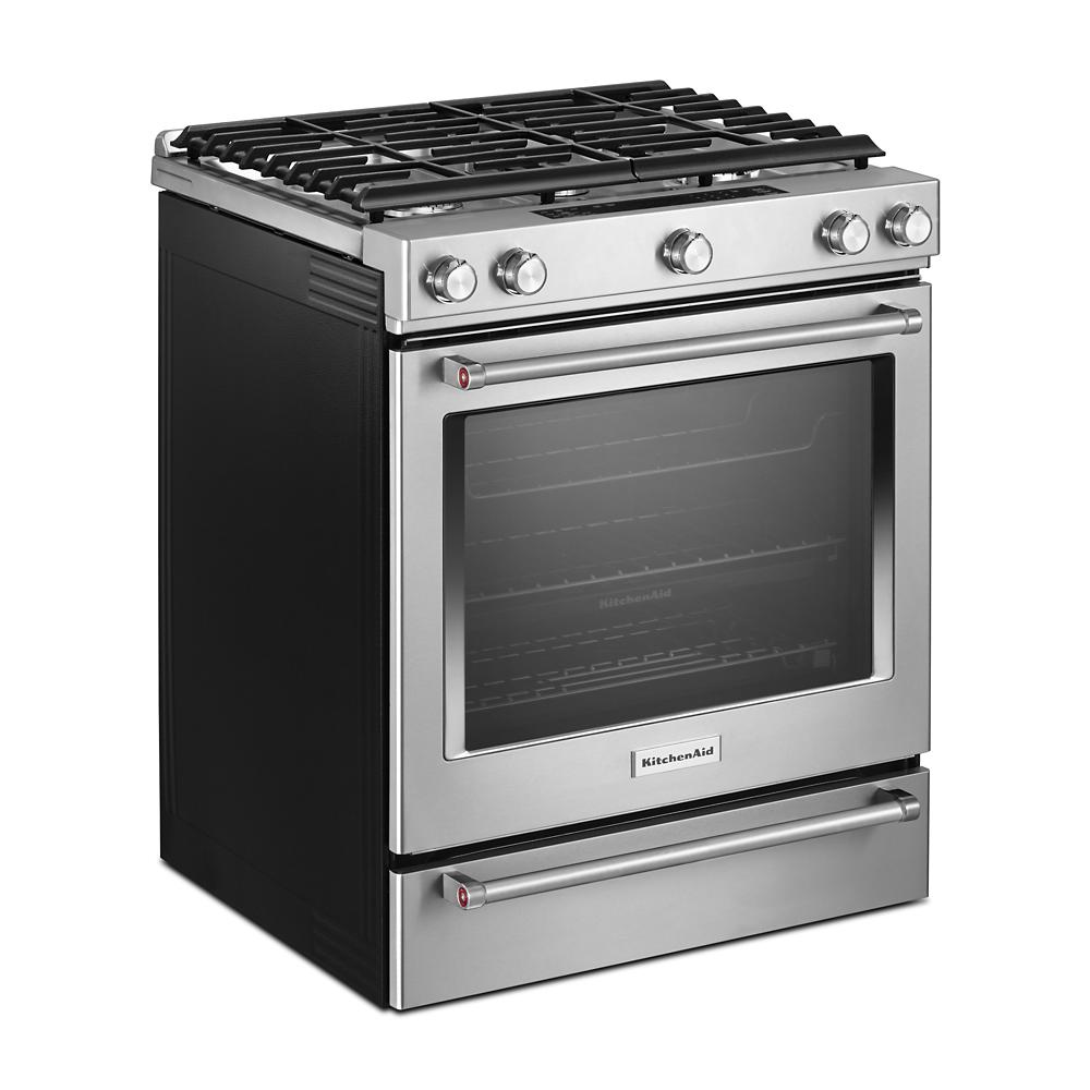 stainless steel 30-inch gas range with five burners and lower baking drawer in KitchenAid appliances collection